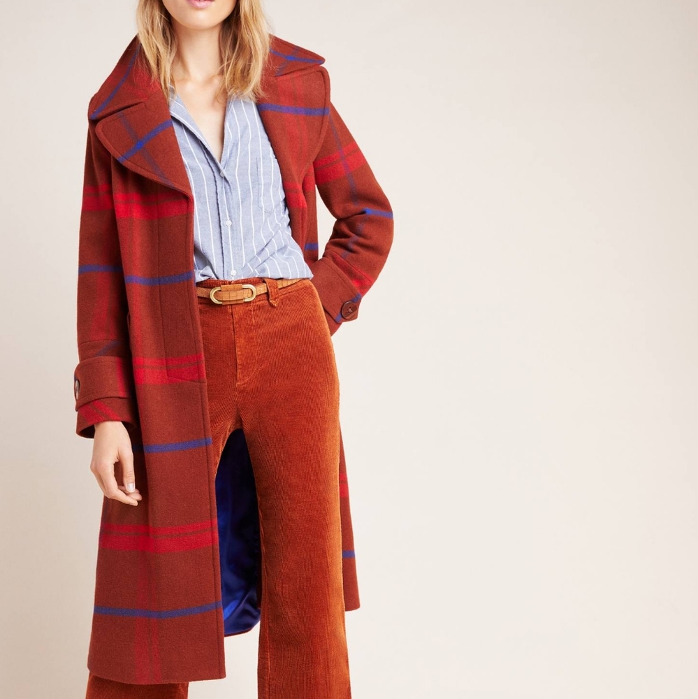 NWT Anthropologie M Orange Plaid Wool Coat